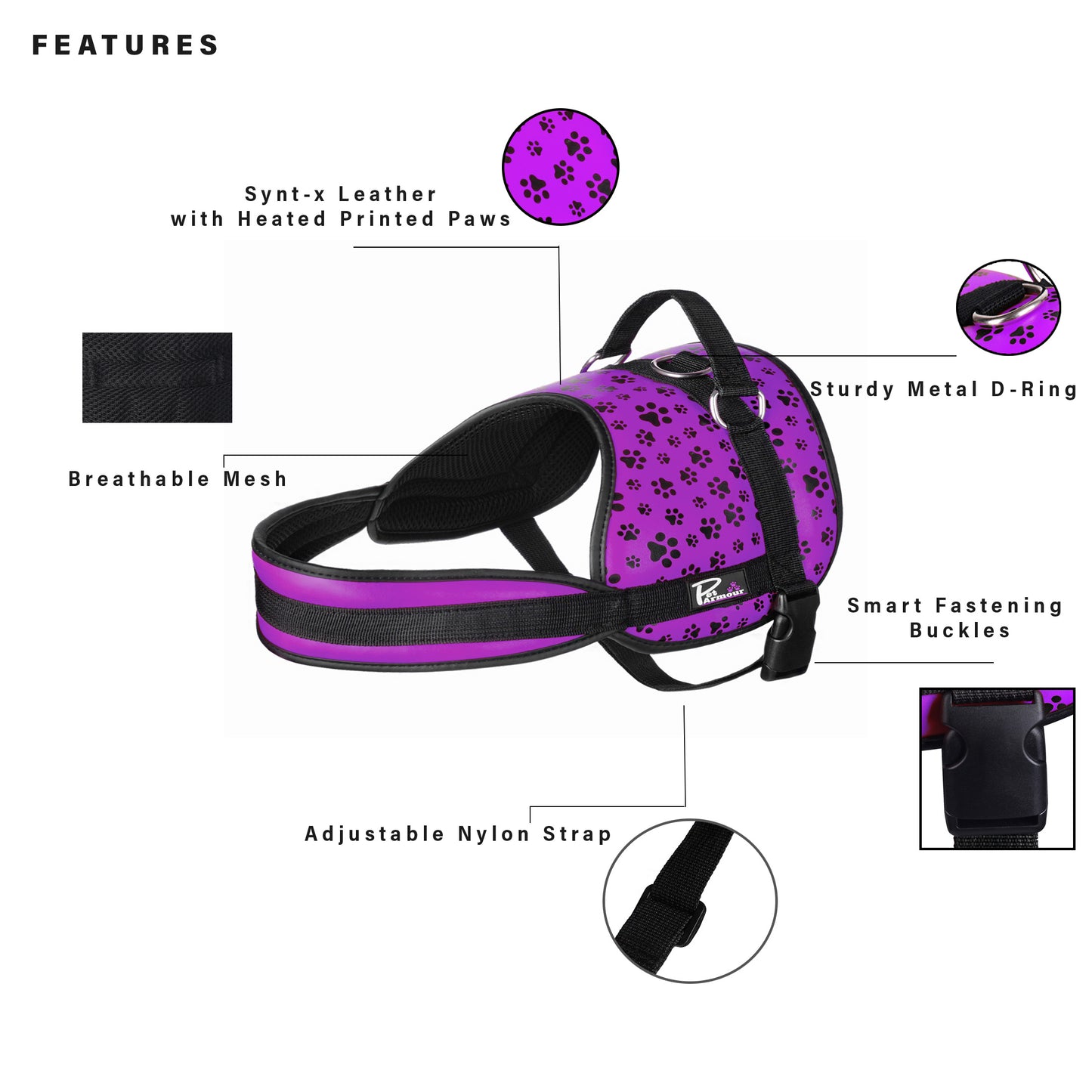 Pet Armour Dog Harness | Leather Adjustable Durable Waterproof | No Pull with Padded Handle| Purple Paws