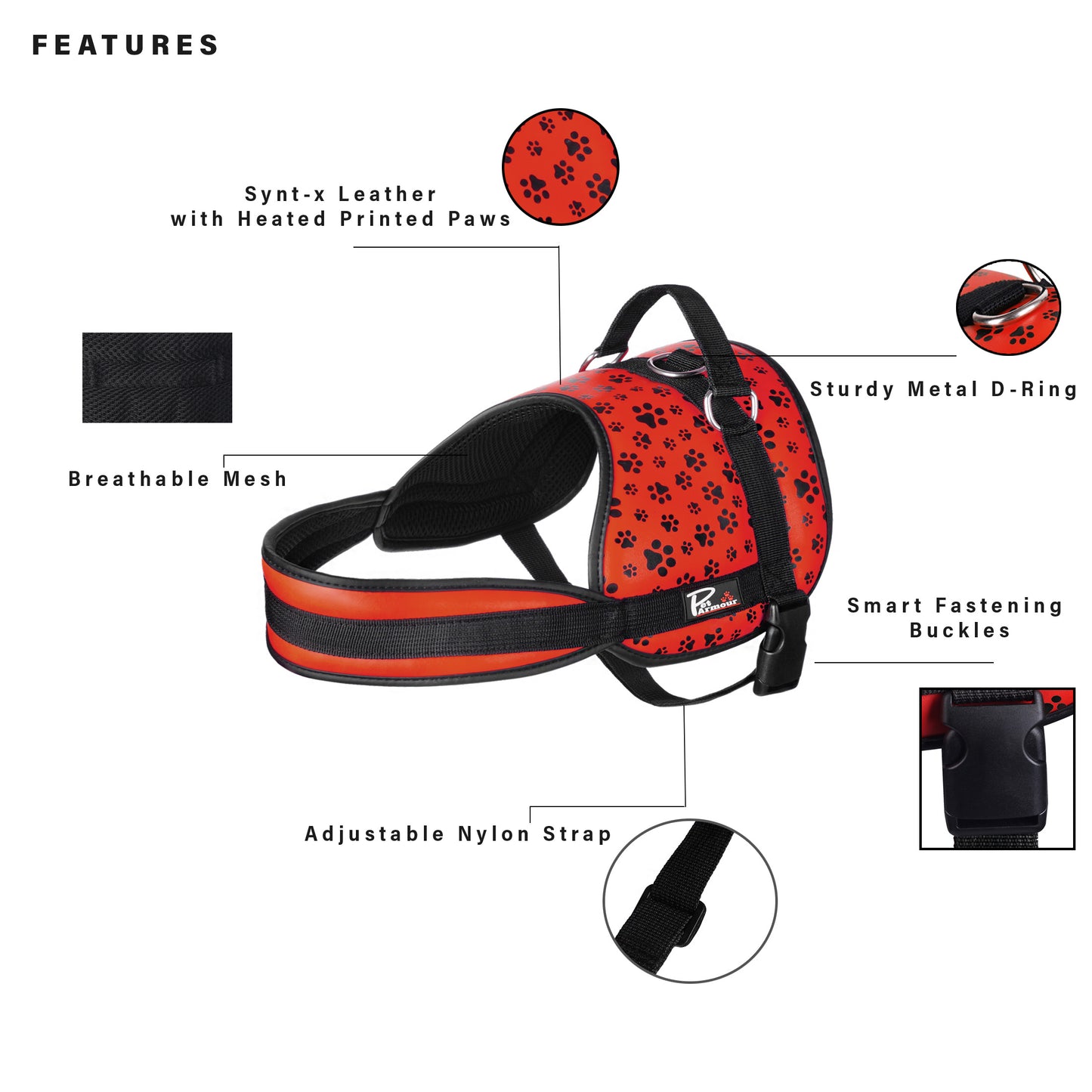 Pet Armour Dog Harness | Leather Adjustable Durable Waterproof | No Pull with Padded Handle| Red Paws