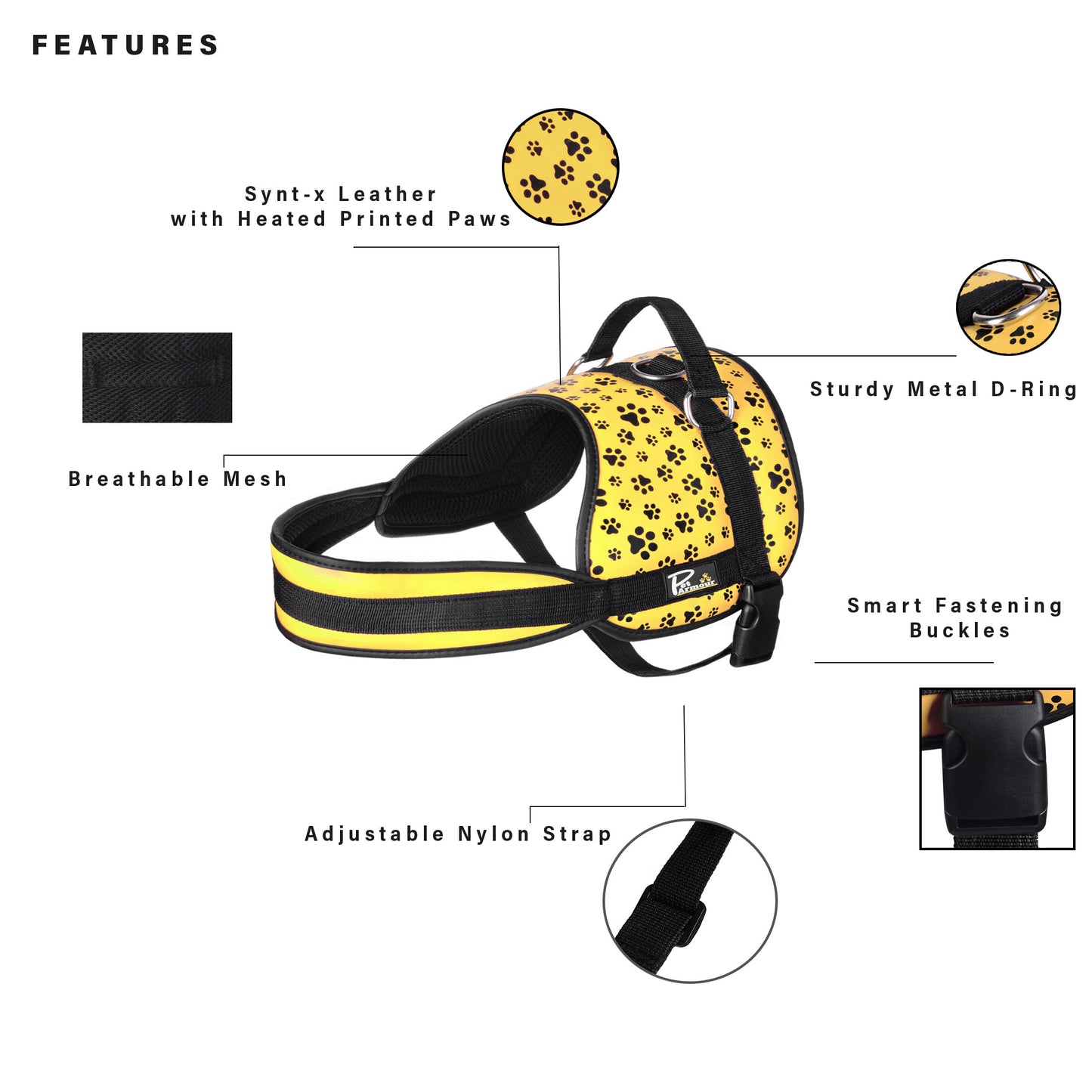 Pet Armour Dog Harness | Leather Adjustable Durable Waterproof | No Pull with Padded Handle| Yellow Paws